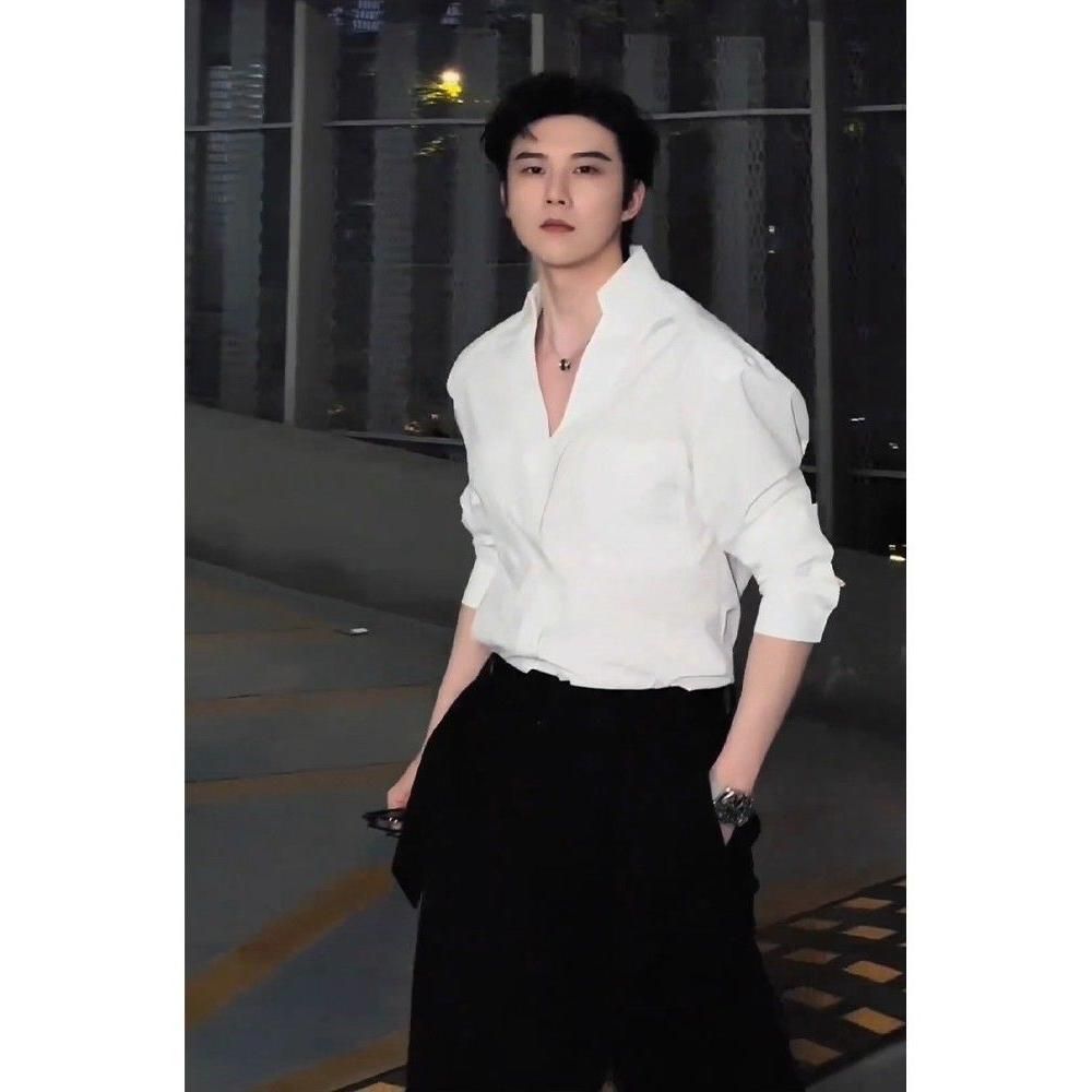1506-1/C201931/P45白色V领设计感衬衫男长袖春秋衬衣男士,男装衬衫,星座1506-1