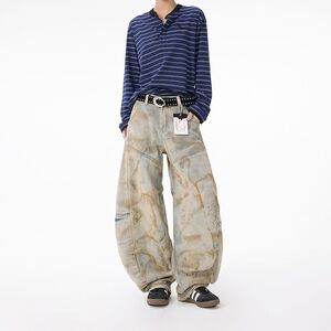 1506-1/KL90331/P89美式复古黄泥染重工脏洗阔腿牛仔裤男图片