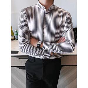 1506-1/CCS111/P52意式小立领条纹休闲长袖衬衫男图片