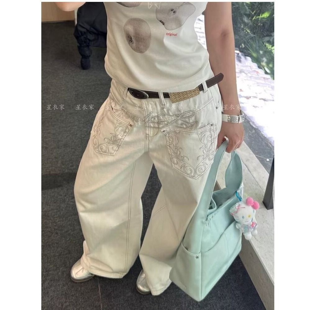 1506-1/KNK1011/P54前口袋暗花字母高腰白色牛仔直筒裤图片