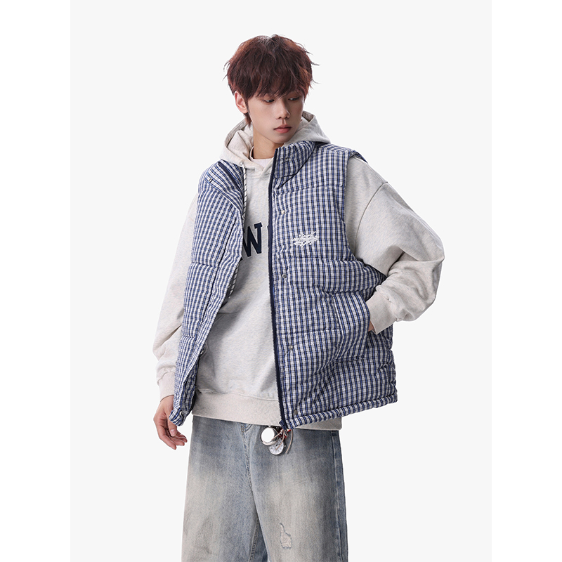 1506/QA030/P52美式格子风立领马甲男加厚棉服背心格纹背心，男装背心/马甲，星座1506-1