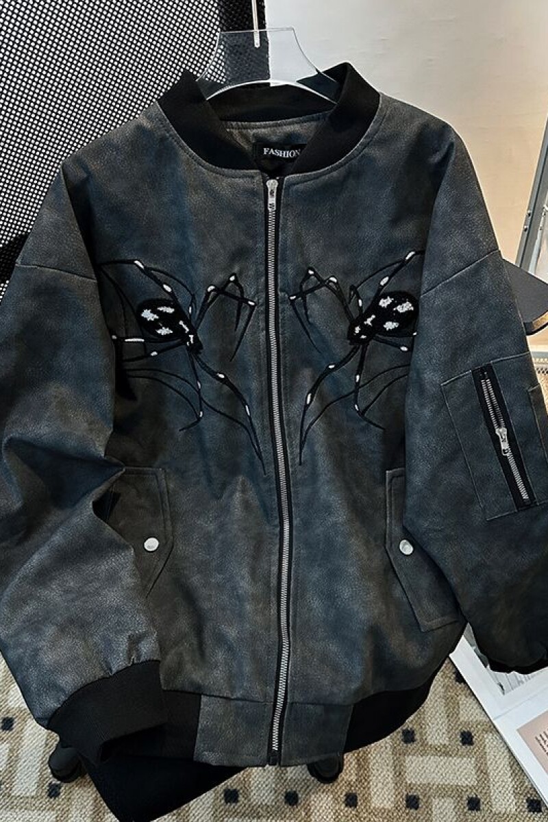 1506-1/JJK85551/P74春蜘蛛刺绣pu皮夹克男女款拉链宽松棒球服图片