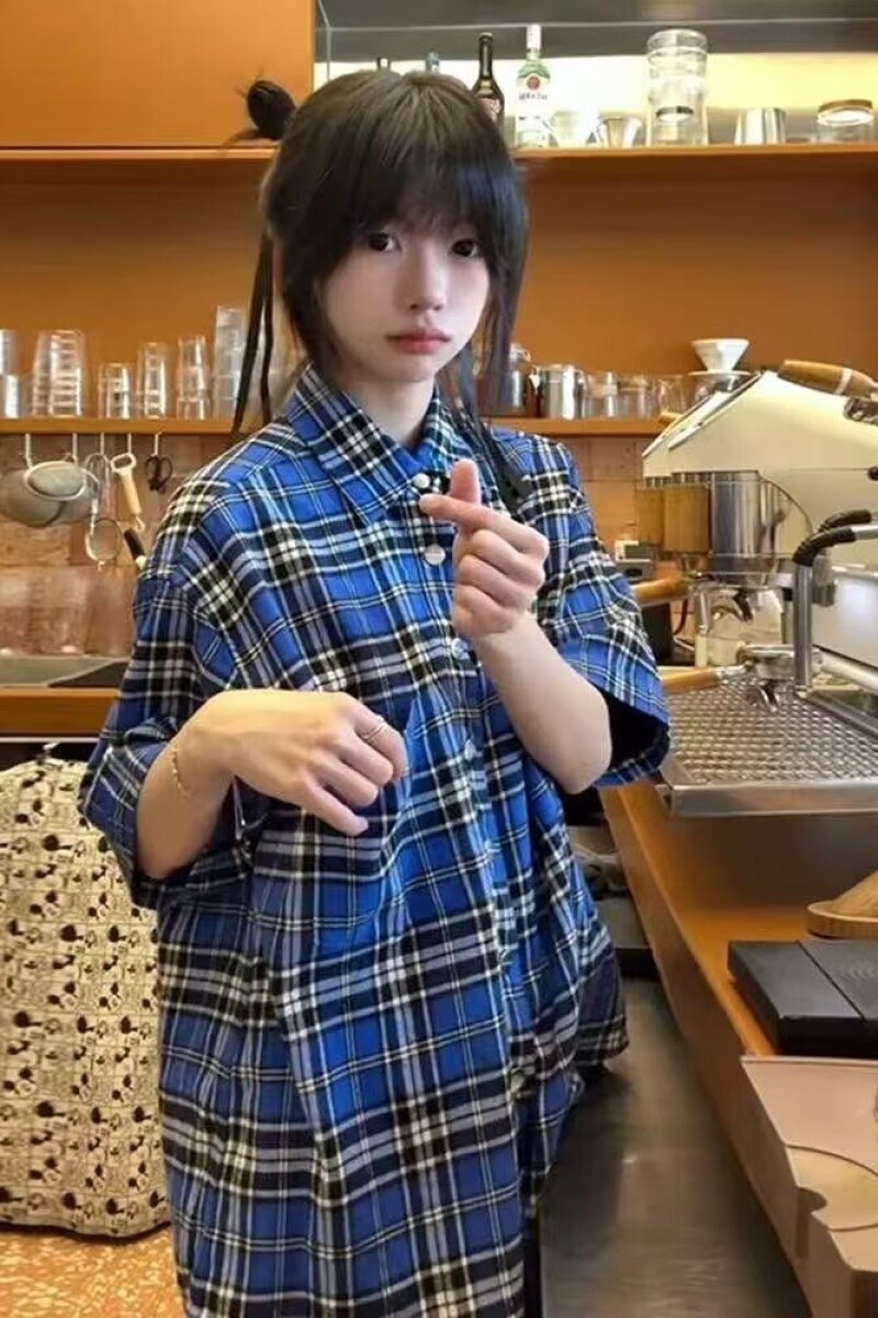 1506-1/CCS531/P36毛短袖格纹衬衫2025年嘻哈,男装T恤,星座1506-1