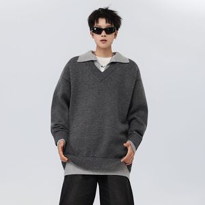 1506/M150121/P71美式复古假两件v领毛衣男款冬季翻领针织衫2图片