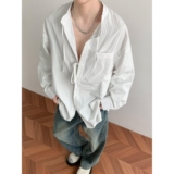 1506-1/CB491/P52春夏设计感气质无领抽绳飘带条纹长袖衬衫，男装衬衫，星座1506-1