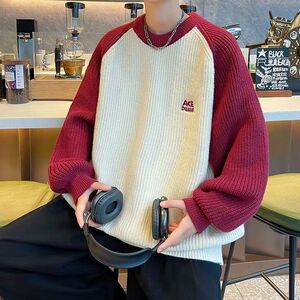 1506/MMY92131/P42美式复古插肩袖撞色宽松学院风潮牌针织衫2图片