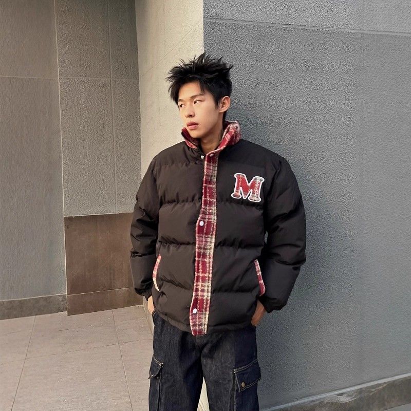 1506/MJK1011/P72假两件美式复古格子拼接刺绣棉衣面包服2图片