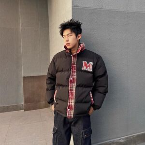 1506/MJK1011/P72假两件美式复古格子拼接刺绣棉衣面包服2图片