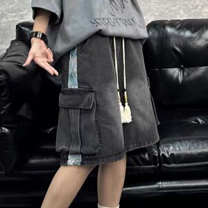 1506-1/KS011/P56拼接撞色大口袋工装牛仔短裤男女款五分裤子图片