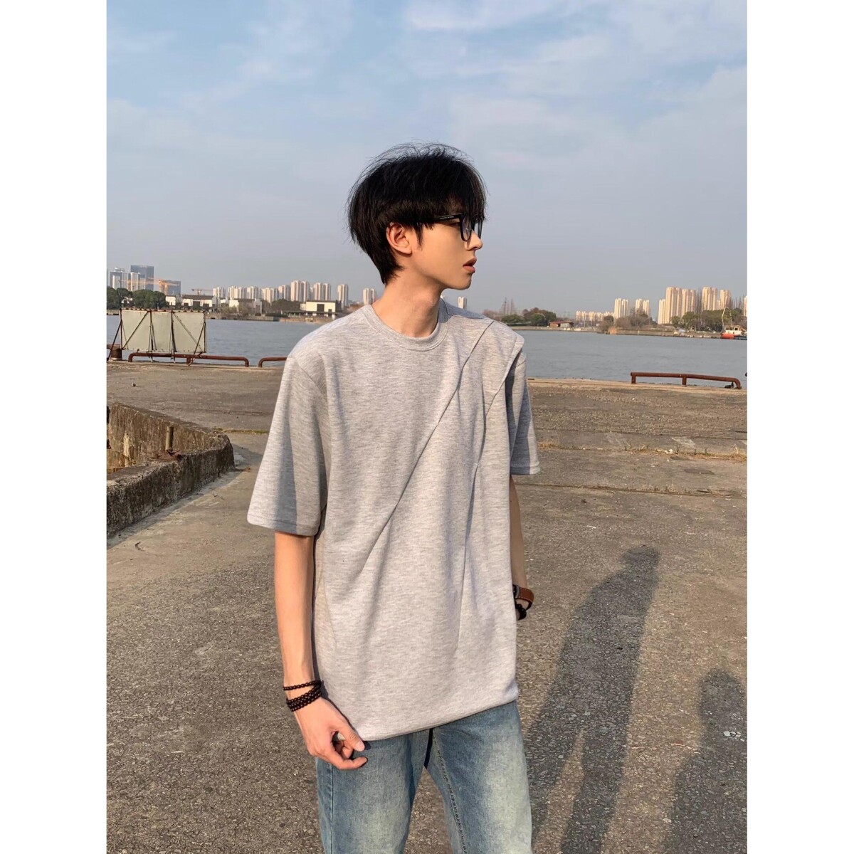 1506-1/COOTD66171/P43立体斜褶皱解构后包边短袖衬衫男,男装T恤,星座1506-1