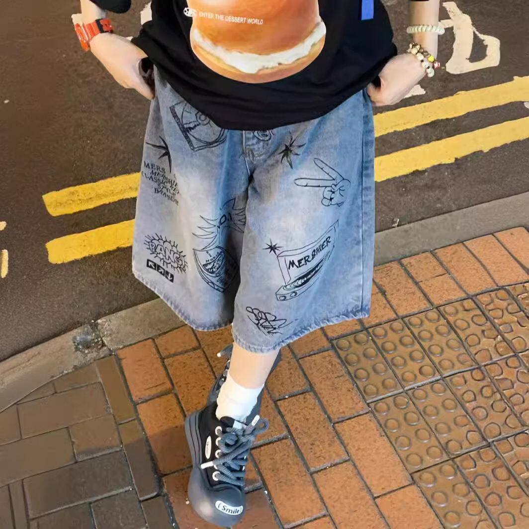 1506-1/KG3051/P43夏季美式复古涂鸦七分牛仔裤男,男装牛仔裤,星座1506-1