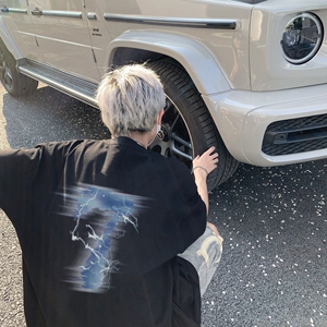 wassup happy闪电短袖t恤男夏季薄款潮流美式设计感休闲五分半袖图片