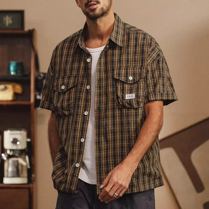 1506-1/C224591/P44复古宽松格纹短袖衬衫男，商品下架区商品下架区，星座1506-1