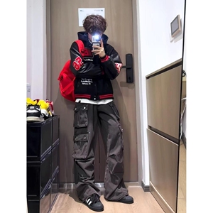 1506-1/JC021/P62美式徽章拼接刺绣皮袖撞色棒球外套男图片