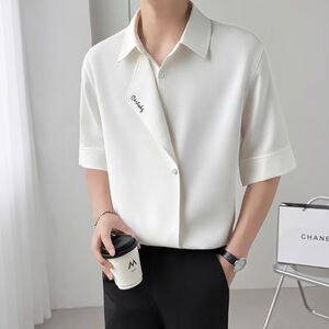 1506-1/C225891/P42夏季ins轻熟风冰丝薄款西装领中袖衬衫男图片