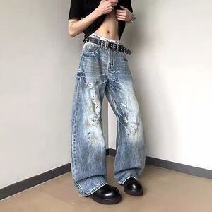 1506-1/KK02291/P49美式高街复古水洗脏染闪电纹破洞弯刀牛仔裤,男装牛仔裤,星座1506-1