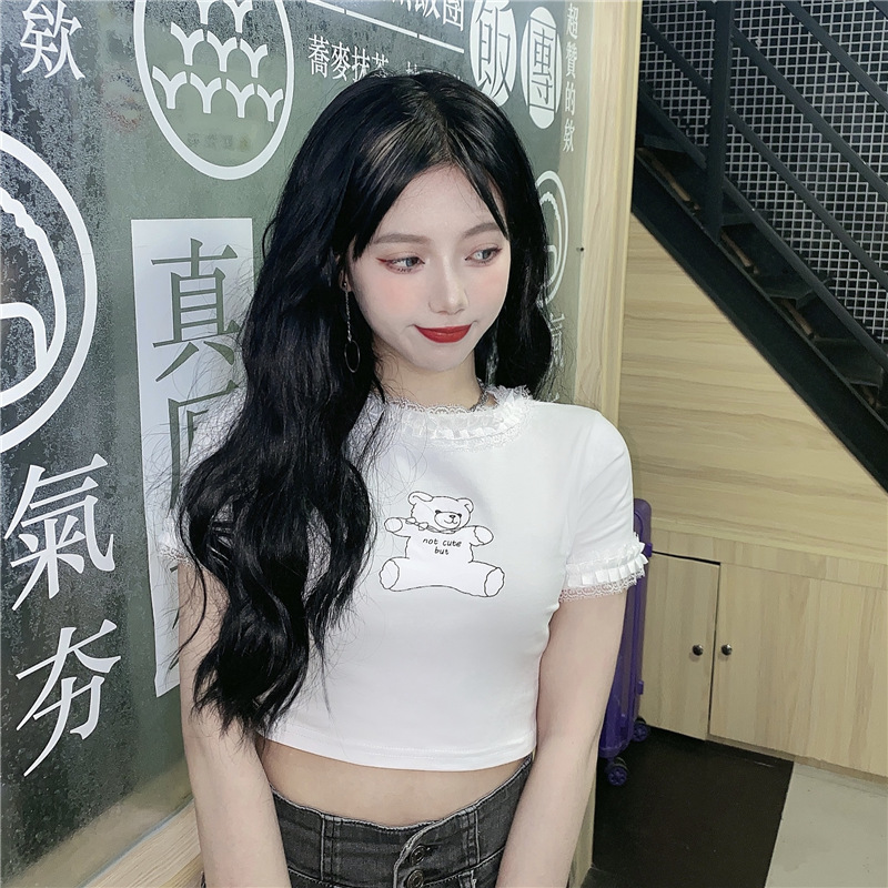 Real shot bear print slim fit short T-shirt lace design versatile girl top