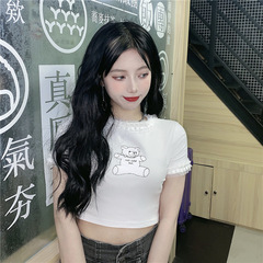 Real shot bear print slim fit short T-shirt lace design versatile girl top