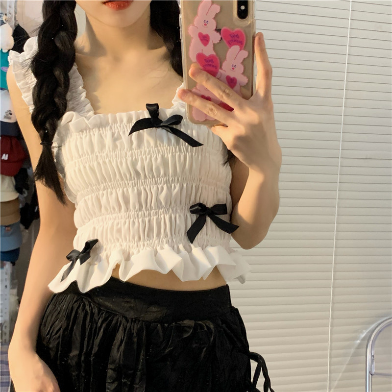 French retro bow short white design niche top