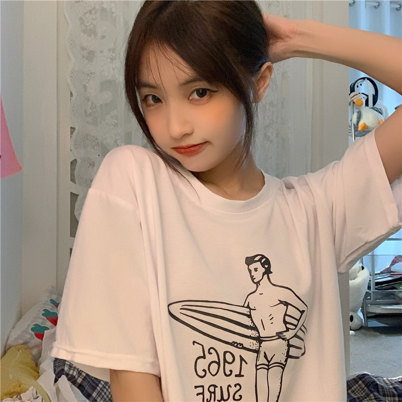 Live shot loose character cartoon letter round neck short sleeve T-shirt