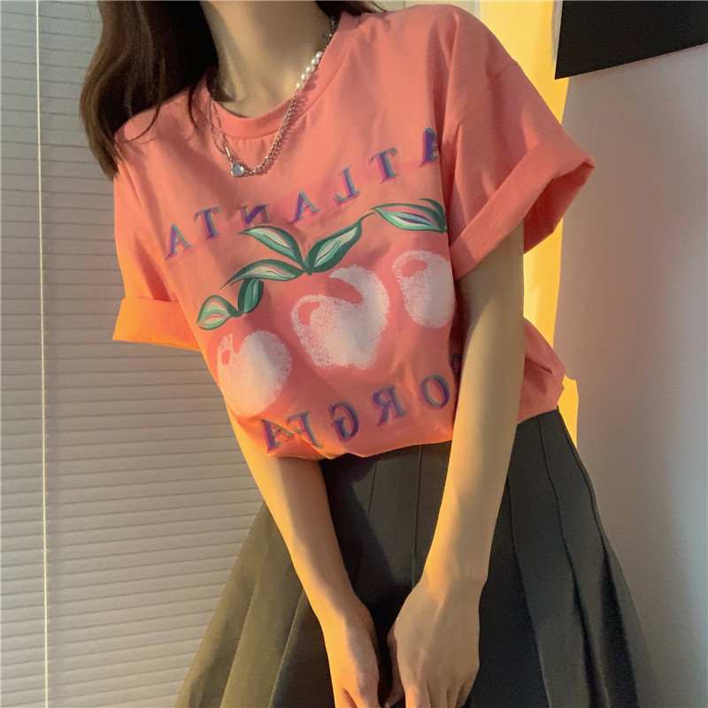 Real shot Vintage peach pink print short sleeve T-shirt loose and white