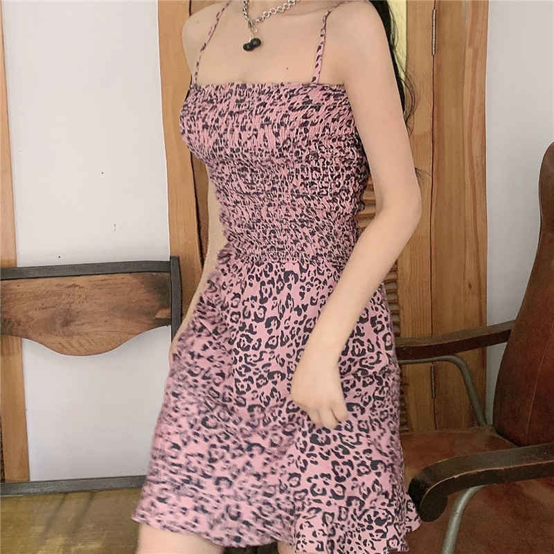 Real shot leopard print suspender dress summer small temperament skirt