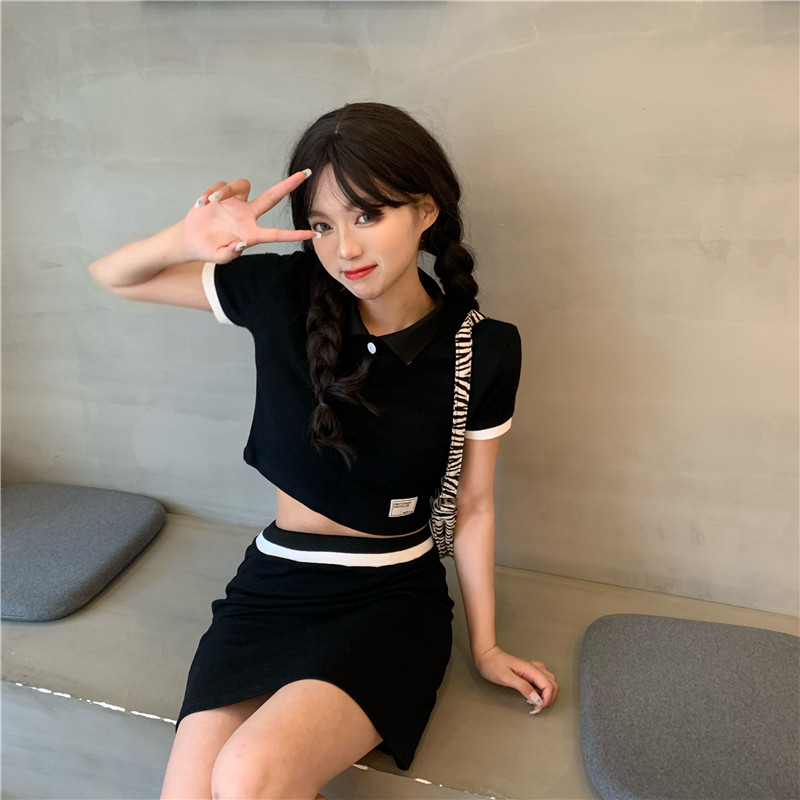 Women's Polo neck short sleeve top high waist skirt two piece set