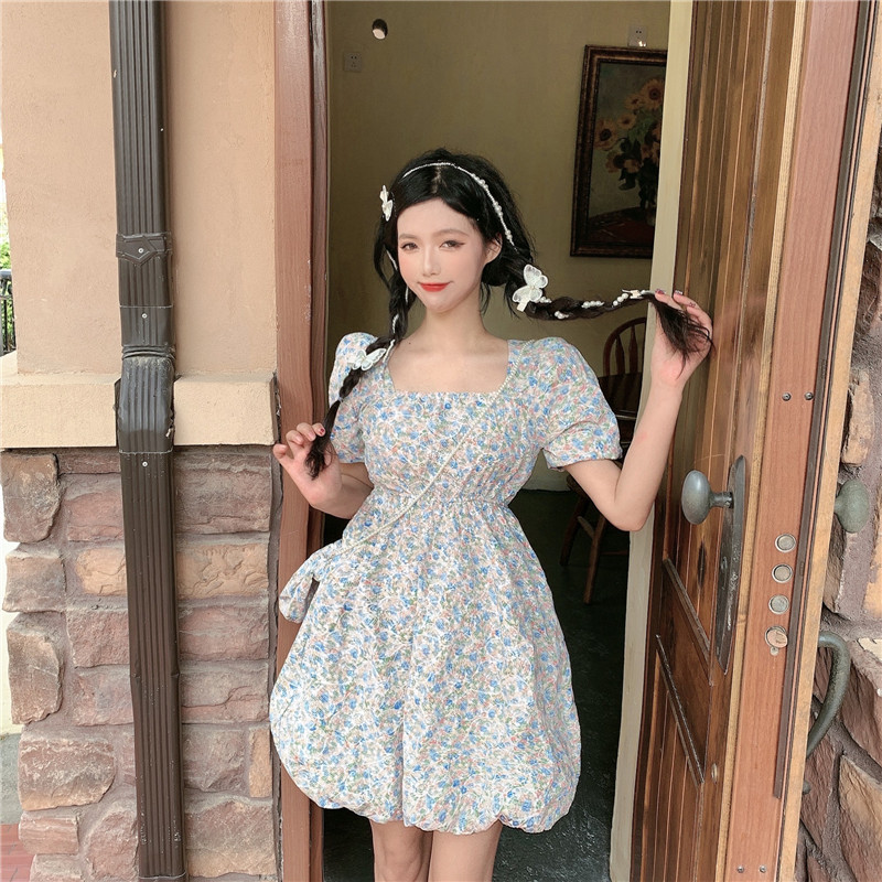 Real shot bubble sleeve square neck floral dress first love short skirt