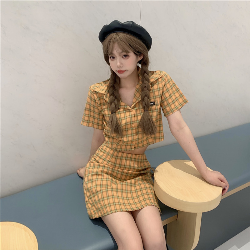 Real photo retro Plaid suit Short Sleeve Shirt Short Skirt two piece suit new