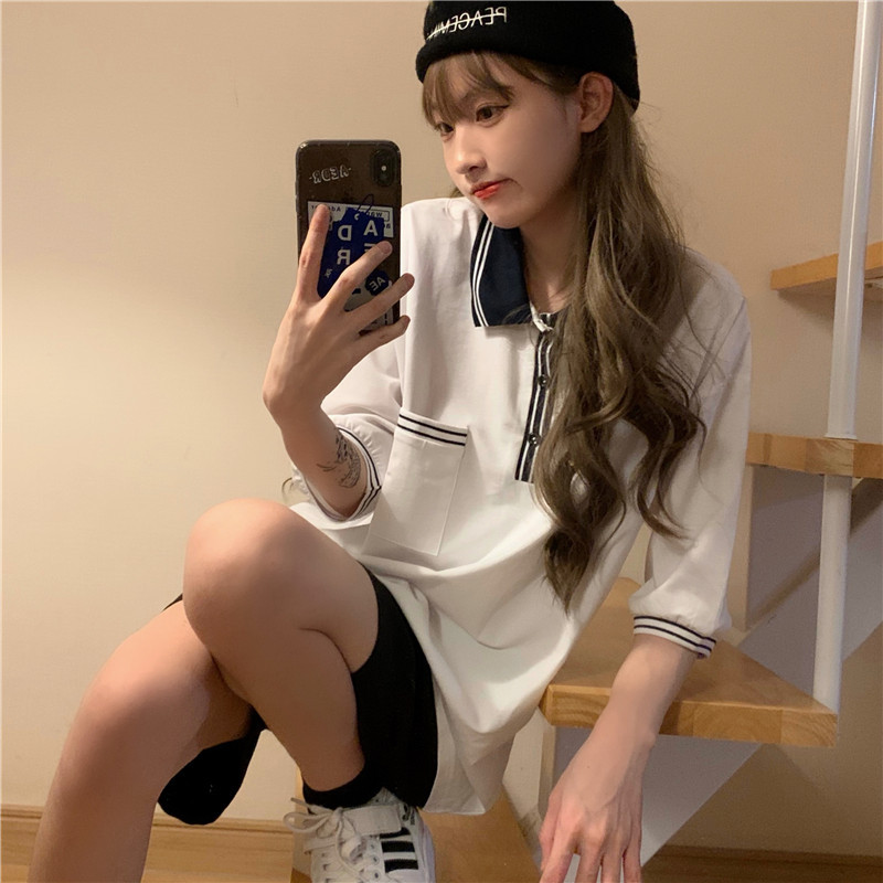 Real shot retro girl contrast collar loose and versatile short sleeve shirt