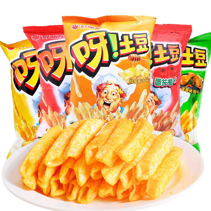 好丽友呀土豆薯条40g袋装 休闲膨化空心脆条番茄味零食混合包装