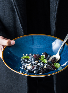 黑色日式拉面碗蓝色圆形创意陶瓷大号汤碗斗笠沙拉碗米饭碗定制