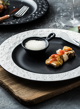 ins陶瓷欧式餐盘黑色哑光浮雕西餐早餐盘子日式简约创意餐厅餐具
