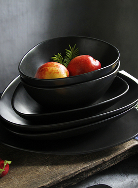 个性创意餐具碗盘家用菜盘不规则时尚亚光黑色西餐牛排盘定制LOGO