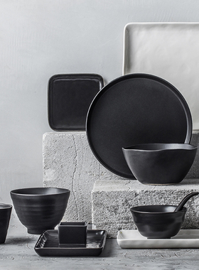圆形黑色个性日式长盘托盘陶瓷小蝶蛋糕碟蛋托米饭碗面碗日料定制