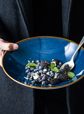 黑色日式拉面碗蓝色圆形创意陶瓷大号汤碗斗笠沙拉碗米饭碗定制