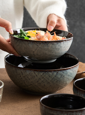 外贸出口餐具2026新款碗家用麻布纹窑变蓝色黄昏系列沙拉面碗定制