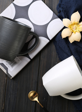 陶瓷创意黑白色横纹麦片杯耐高温超大马克杯陶瓷杯创意早餐杯水杯