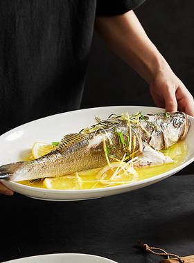 外贸餐具椭圆形20寸超大酒店鱼盘陶瓷纯白色蒸鱼盘江湖菜意境菜