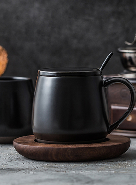 带盖黑色亚光马克杯水杯情侣卡布基诺咖啡杯早餐牛奶杯定制logo