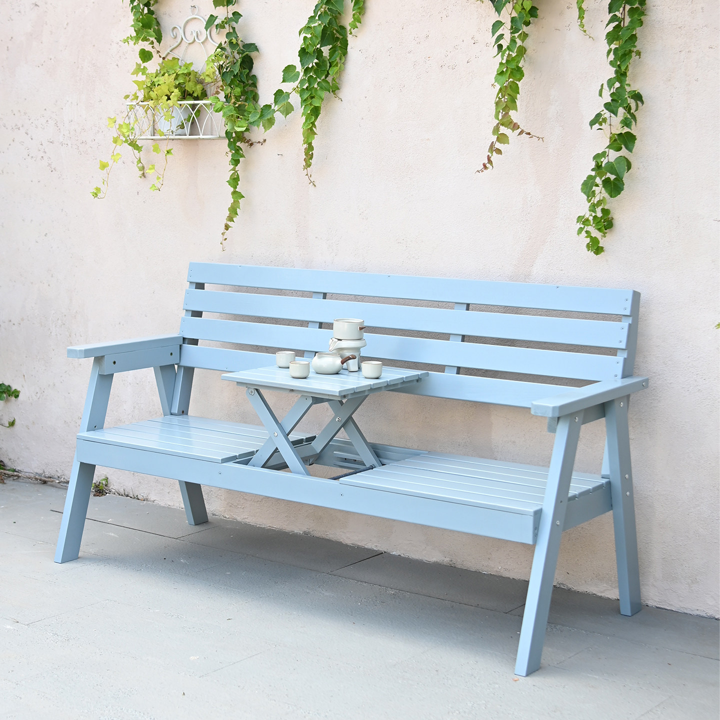 创意实木休闲桌椅三件套阳台升降可折叠茶几民宿庭院靠背长椅组合