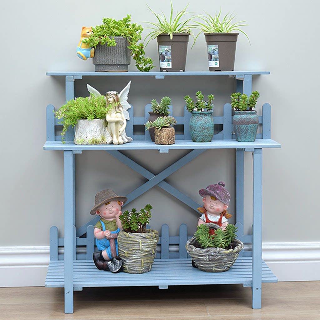 新款阳台实木花架三层阶梯式大花盆架落地式带栅栏多肉绿植架防水