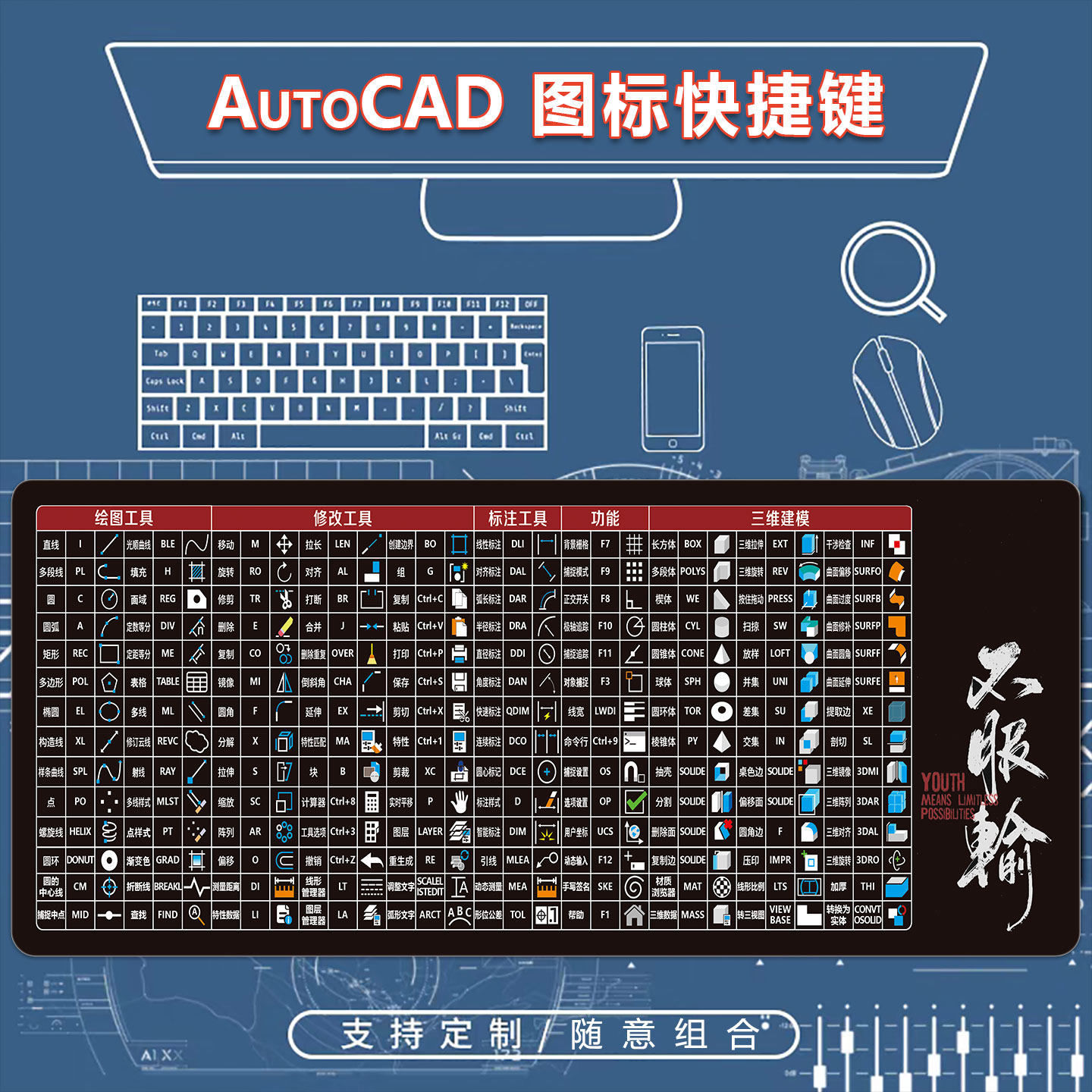 CAD快捷键鼠标垫办公AutoCAD二维三维命令机械室内建筑设计桌垫