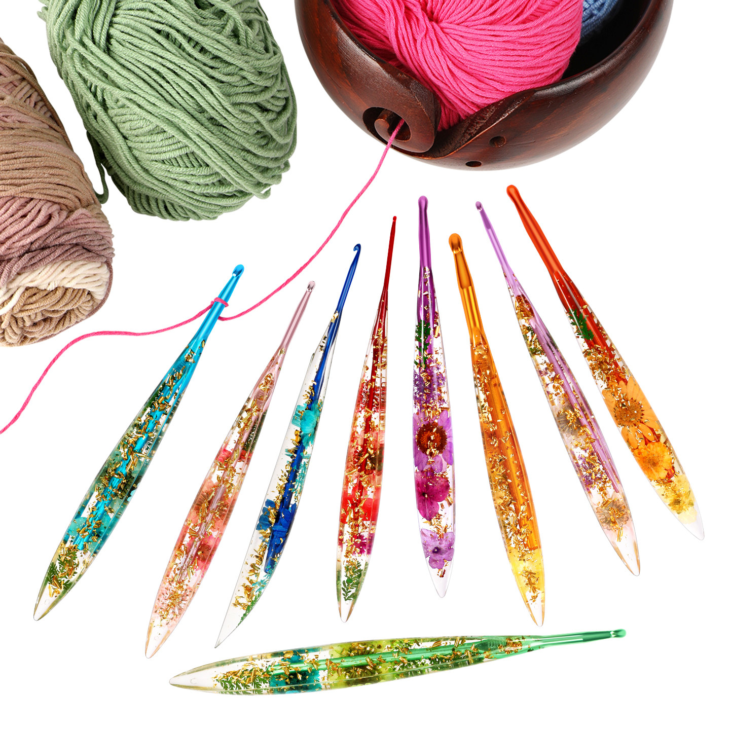 滴胶碎花钩针加长手柄钩针金属单头钩针DIY手工编织实心铝勾针