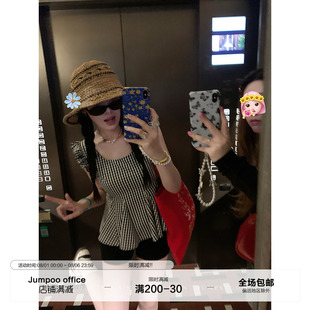 女夏季 草莓跳 韓系格子無(wú)袖 吊帶小衫 復(fù)古甜酷收腰顯瘦百搭上衣