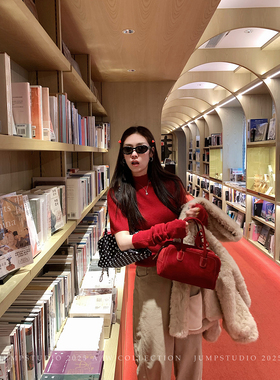 草莓跳 圣诞甜美短袖羊毛针织衫女冬季复古显瘦毛衣（附套袖）