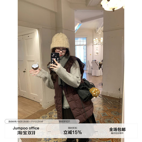草莓跳 日系全棉v领口袋棉服马甲女秋冬休闲宽松廓形百搭保暖外套