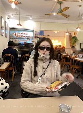 草莓跳 慵懒风100%绵羊毛高领麻花毛衣女冬季设计感宽松保暖上衣