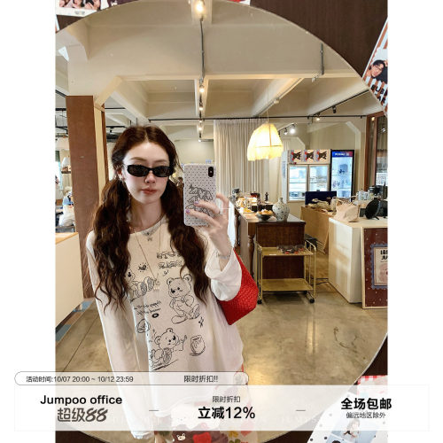 草莓跳 复古小熊印花长袖薄款圆领T恤女夏季慵懒宽松休闲百搭上衣
