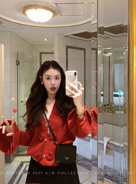 草莓跳 复古羊毛立体玫瑰v领针织开衫女秋季设计感显瘦毛衣外套